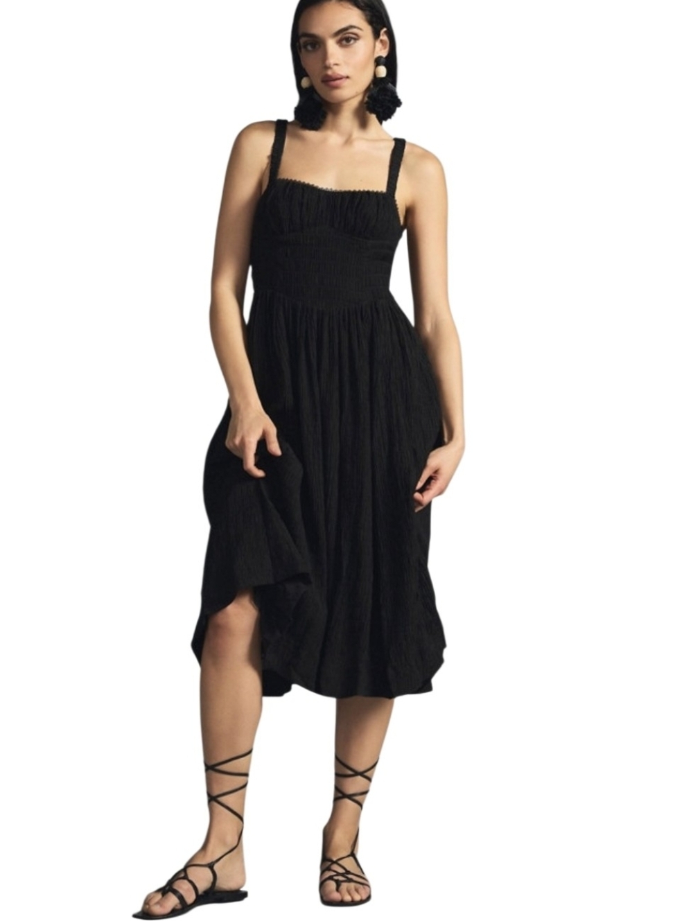 Anthropologie Black Smocked Midi Dress with Straps